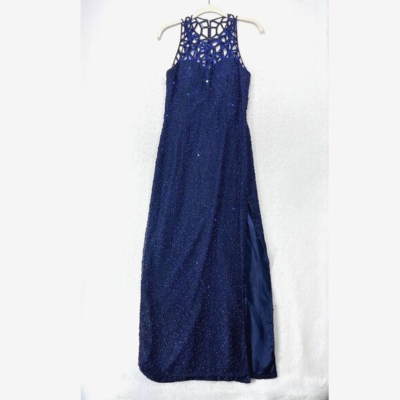 Vtg Scala Dress M Blue Beaded Evening Gown Lattice Halter 90s Special Occasion - Picture 1 of 16
